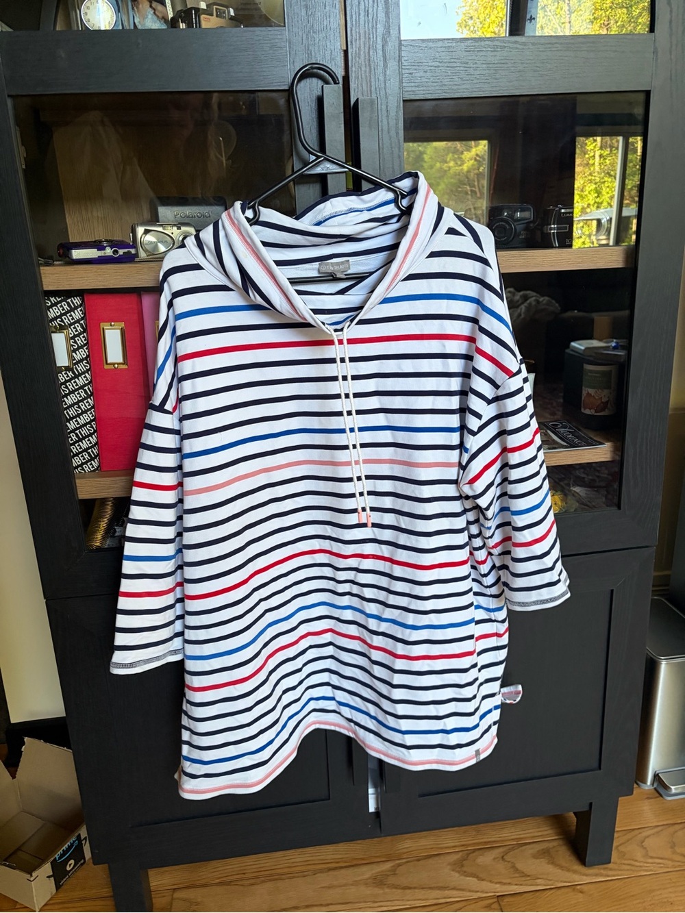 Talbots White Striped Pullover with Navy & Red Accents